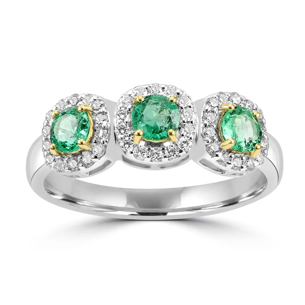 Anillo de compromiso de oro de 18 quilates con 3 piedras y diamantes blancos redondos y esmeralda