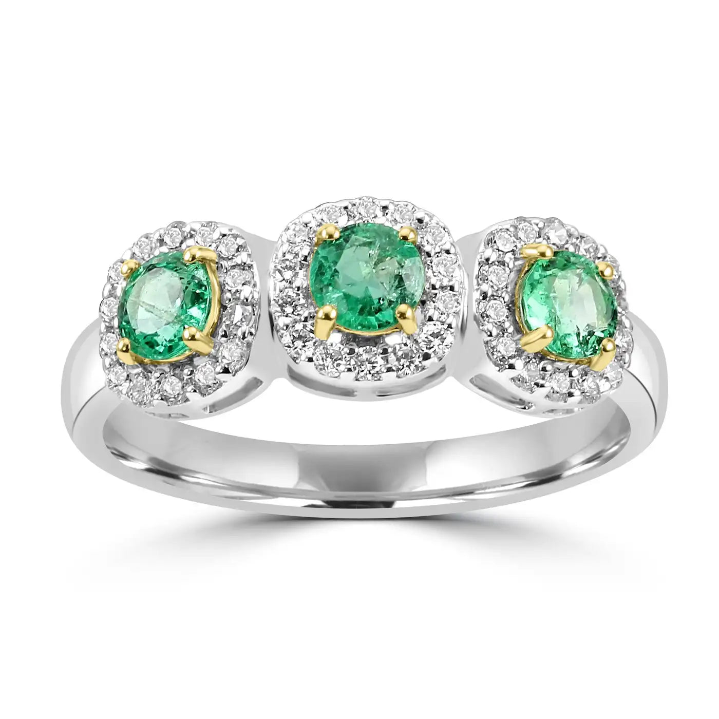 Emerald Round White Diamond Round 18K Gold 3-Stone Engagement Ring