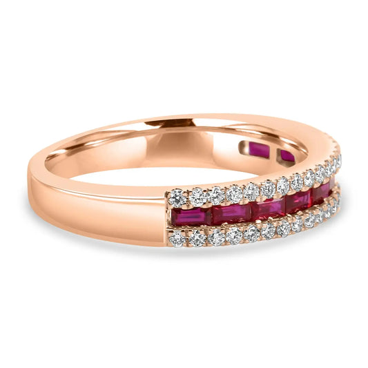 Ruby Baguette & White Diamond Round Three-Row 18K Gold Band Ring