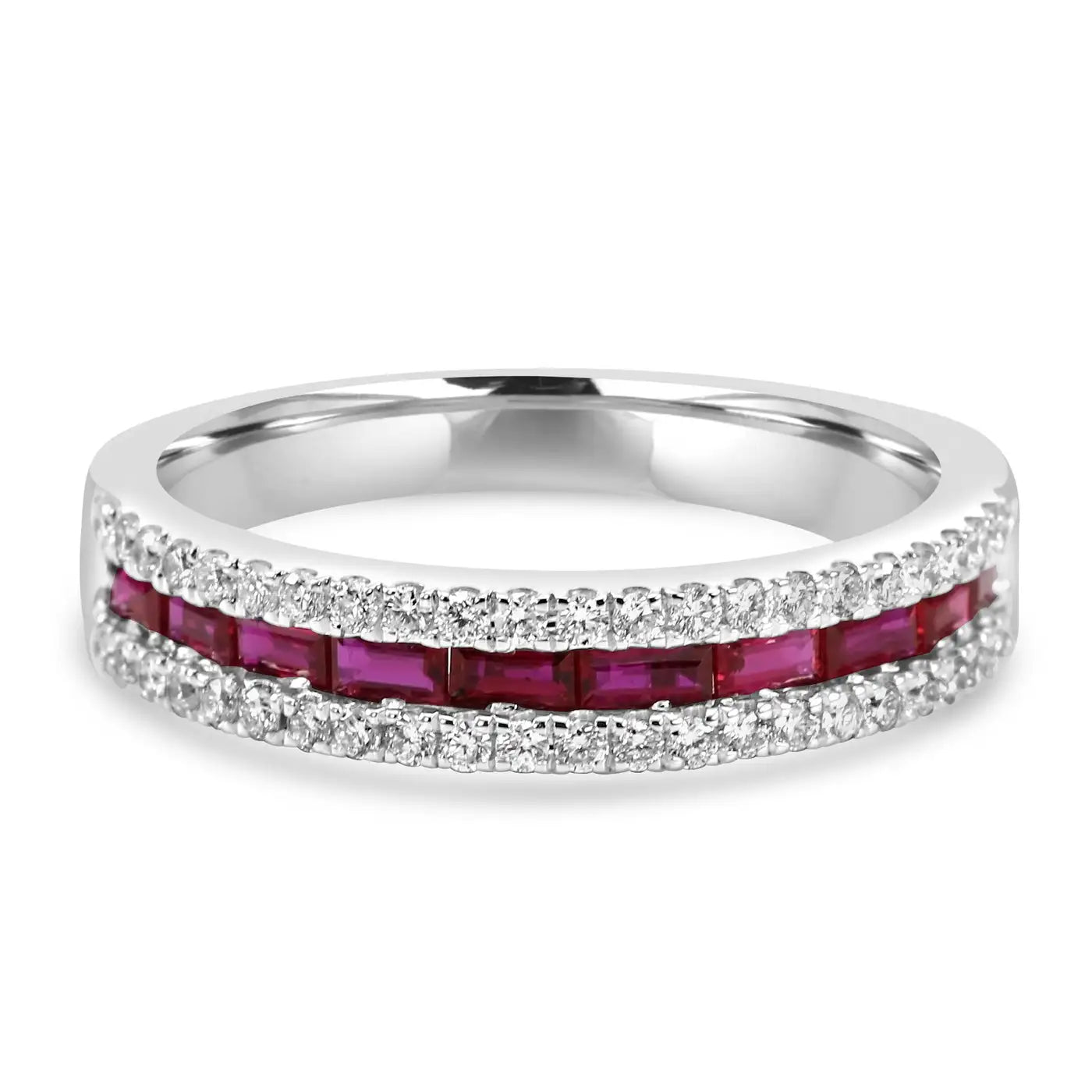 Anillo de eternidad de oro blanco de 14 quilates con diamantes y rubelita de tres filas