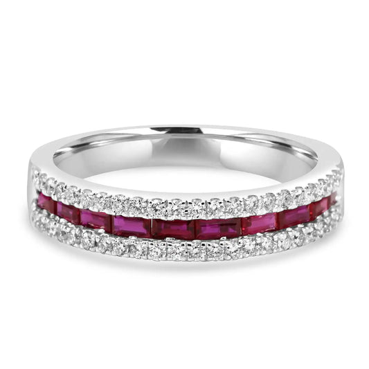 Rubellite Baguette & Diamond Round Three-Row 14K White Gold Eternity Ring