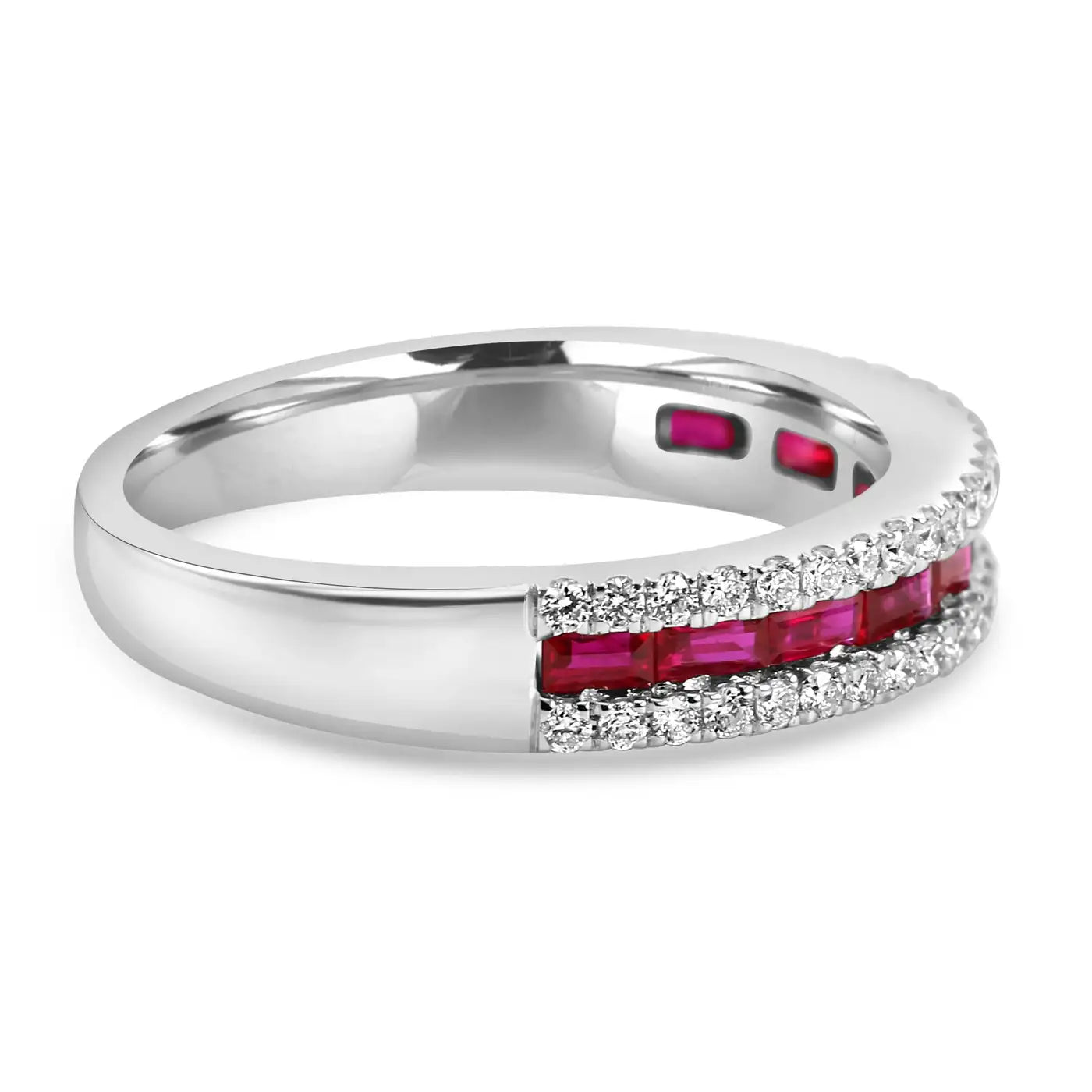 Anillo de eternidad de oro blanco de 14 quilates con diamantes y rubelita de tres filas