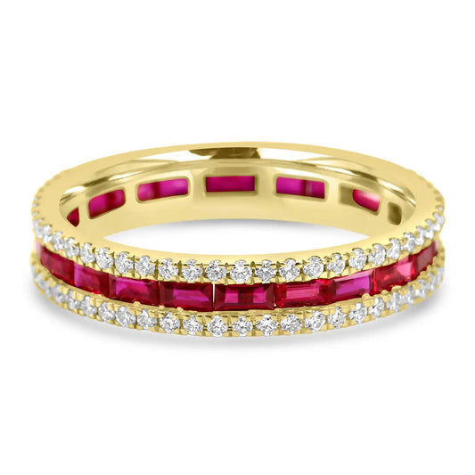 18K Gold Band Ring Rubellite Baguette & Diamond Round Three-Row