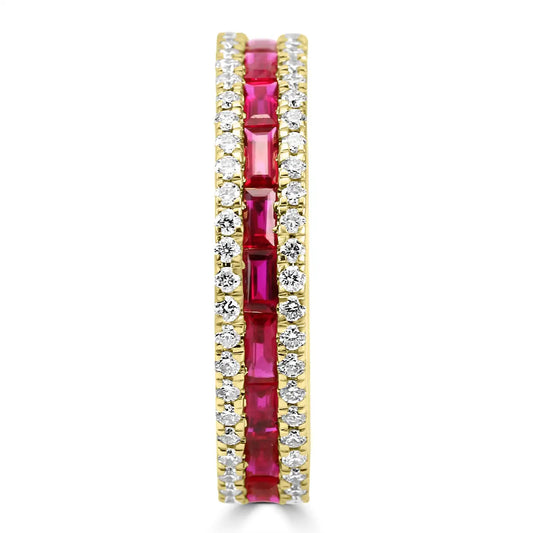 18K Gold Band Ring Rubellite Baguette & Diamond Round Three-Row