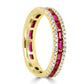 18K Gold Band Ring Rubellite Baguette & Diamond Round Three-Row