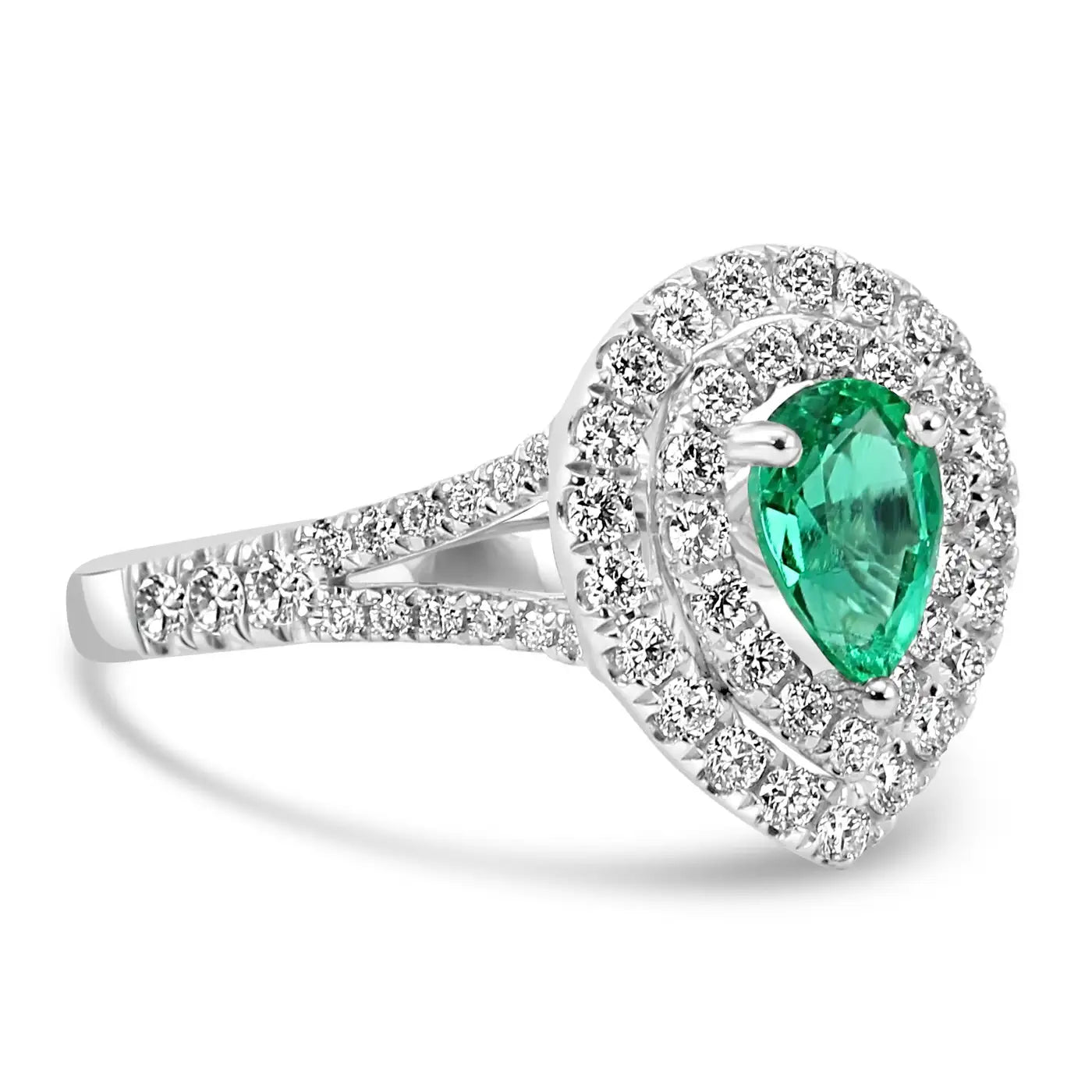 Anillo de compromiso nupcial: pera esmeralda y diamantes redondos blancos en oro de 18 quilates