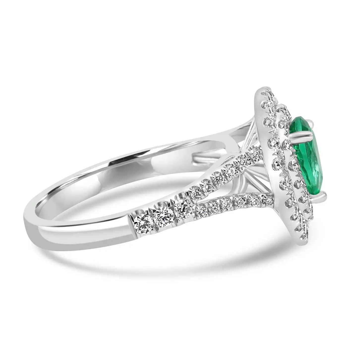 Anillo de compromiso nupcial: pera esmeralda y diamantes redondos blancos en oro de 18 quilates