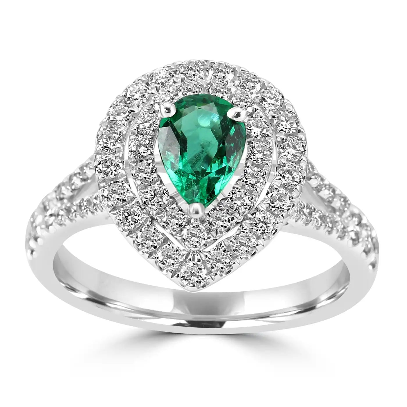 Anillo de compromiso nupcial: pera esmeralda y diamantes redondos blancos en oro de 18 quilates