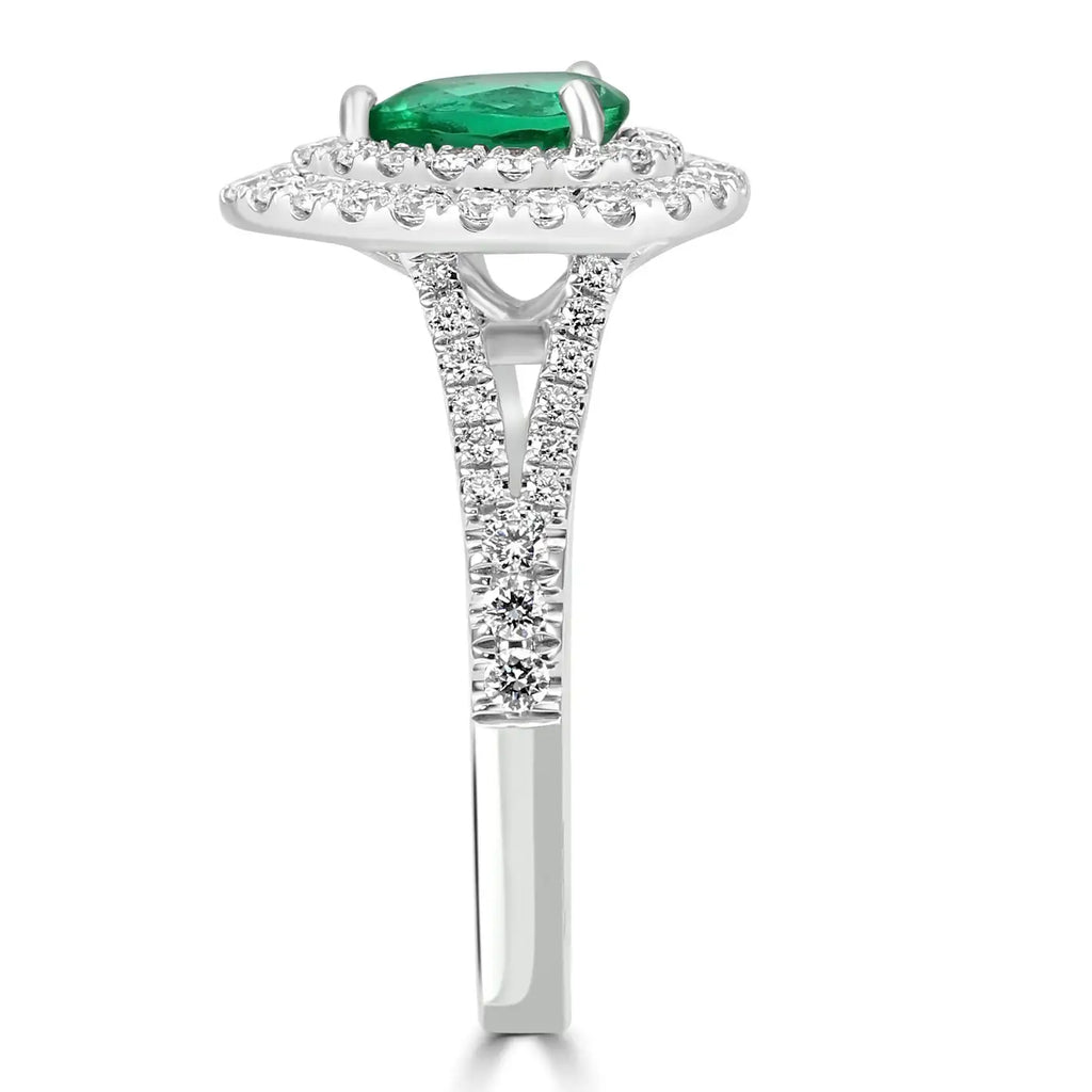 Anillo de compromiso nupcial: pera esmeralda y diamantes redondos blancos en oro de 18 quilates