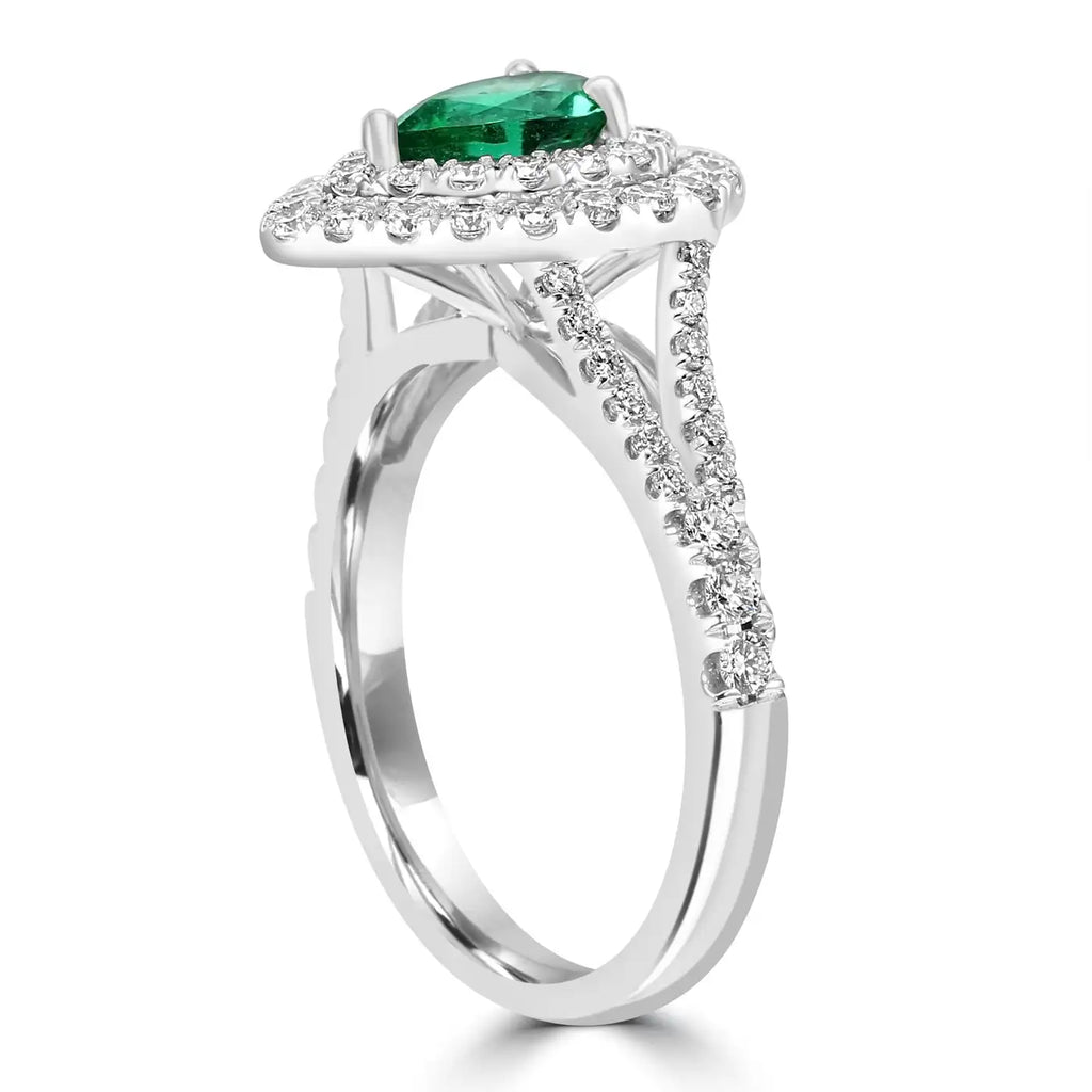 Anillo de compromiso nupcial: pera esmeralda y diamantes redondos blancos en oro de 18 quilates