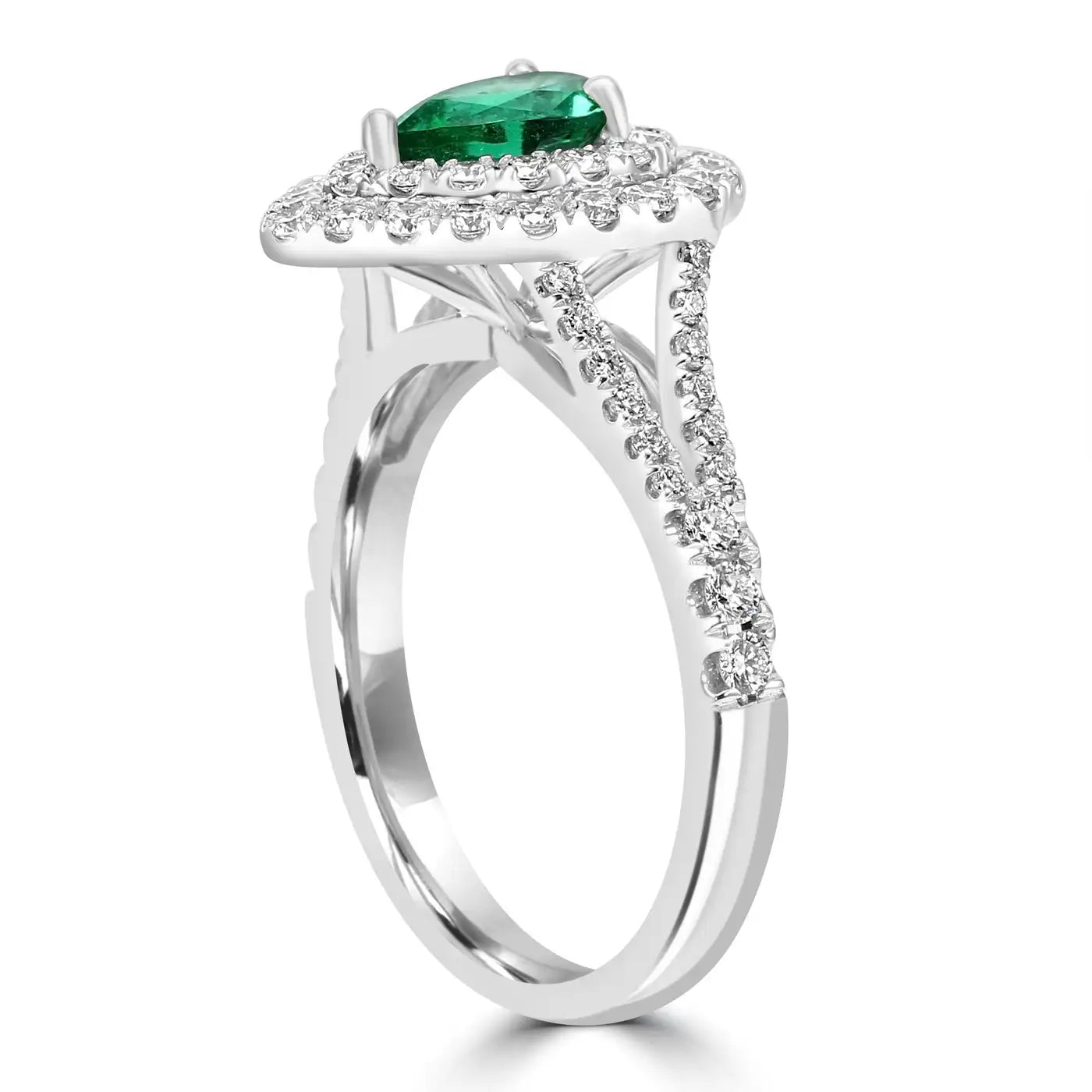 Anillo de compromiso nupcial: pera esmeralda y diamantes redondos blancos en oro de 18 quilates