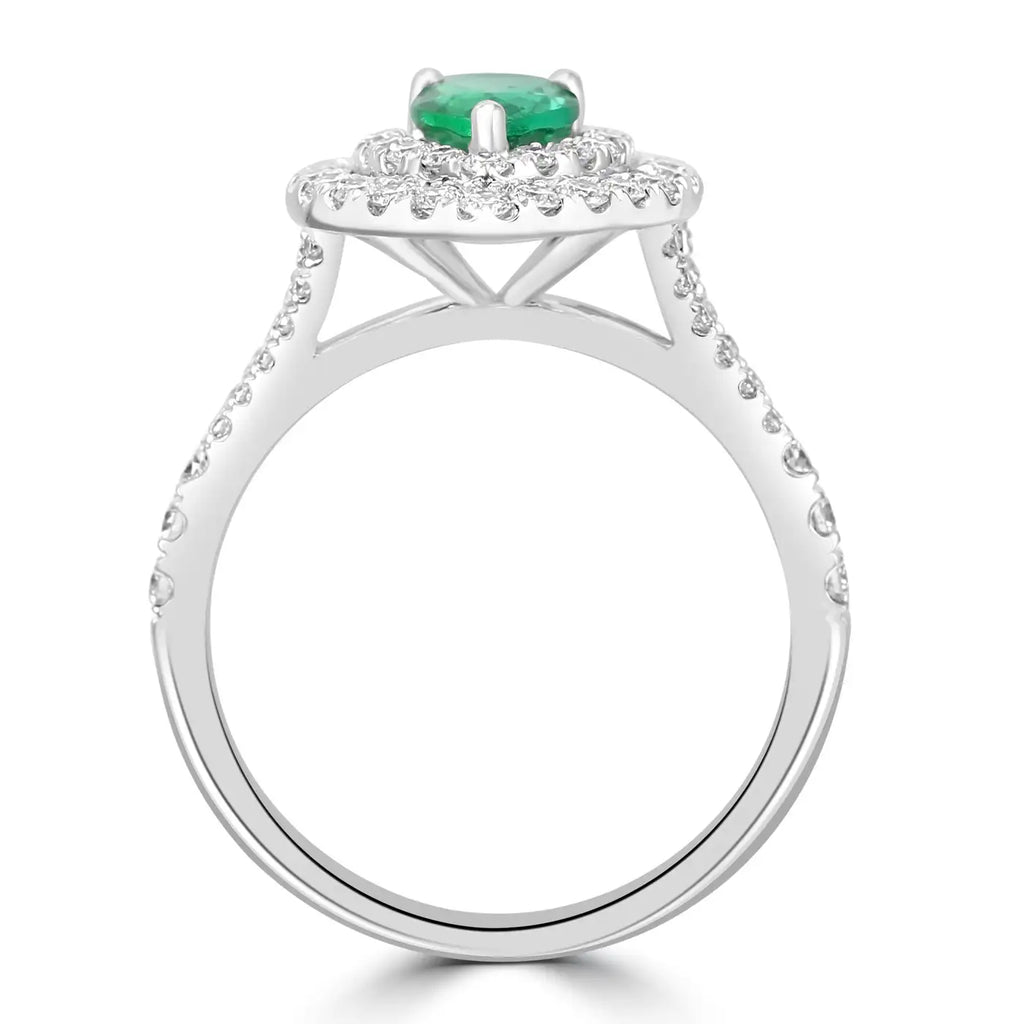 Anillo de compromiso nupcial: pera esmeralda y diamantes redondos blancos en oro de 18 quilates