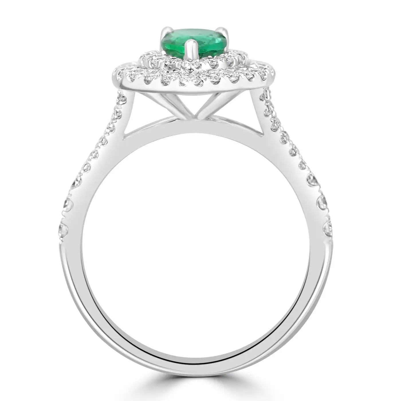 Anillo de compromiso nupcial: pera esmeralda y diamantes redondos blancos en oro de 18 quilates
