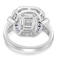 Triple Halo Ring With Diamond Baguette & Blue Sapphire 18K White Gold