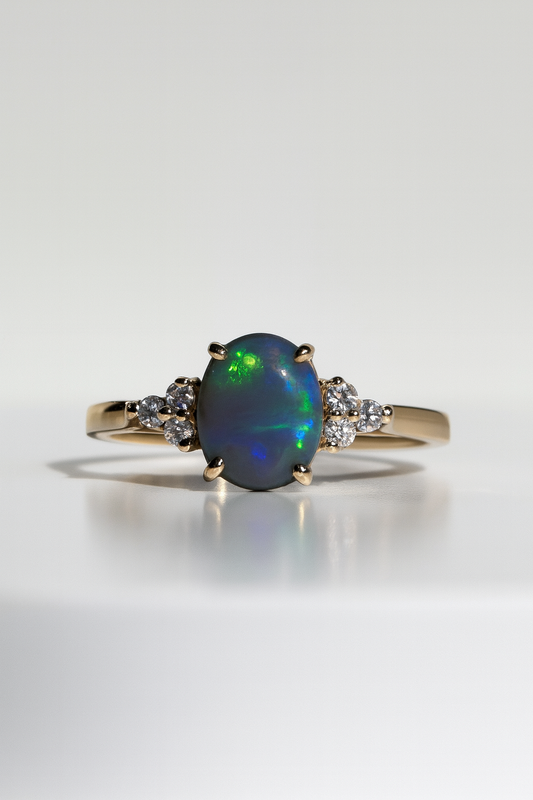 18kt Solid Yellow Gold Black Opal & Diamond Ring