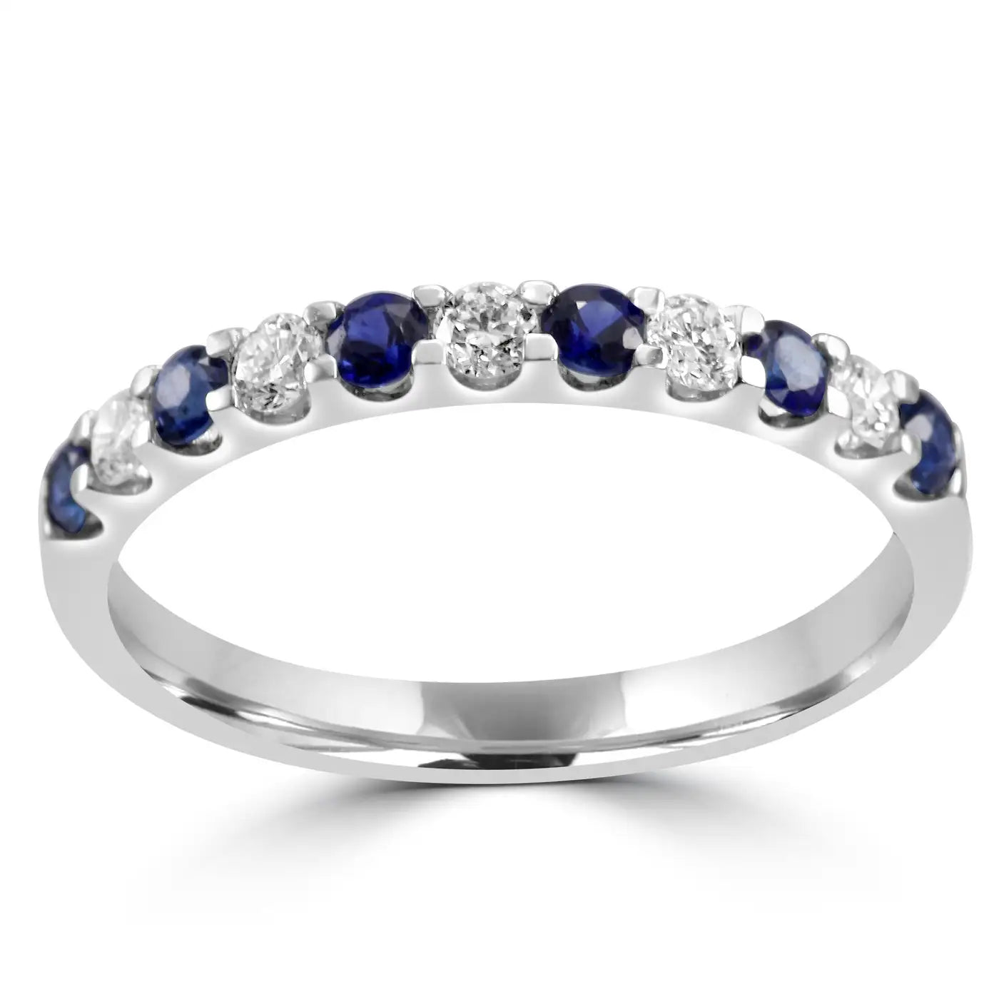 Blue Sapphire White Diamond Round 18K Gold 11 Stone Engagement Band Ring