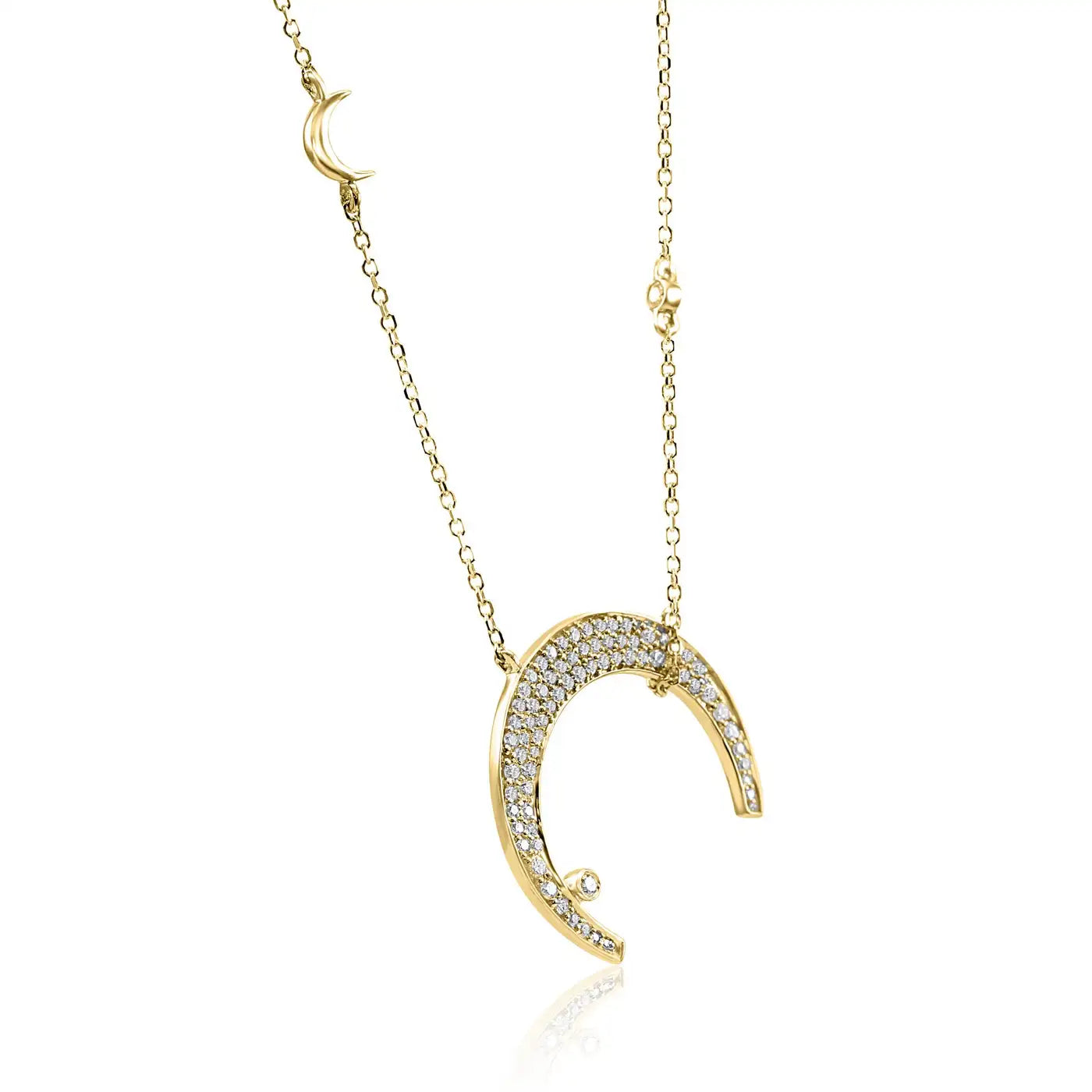 White Diamond Round 14K Gold Crescent Drop Pendent Chain Necklace