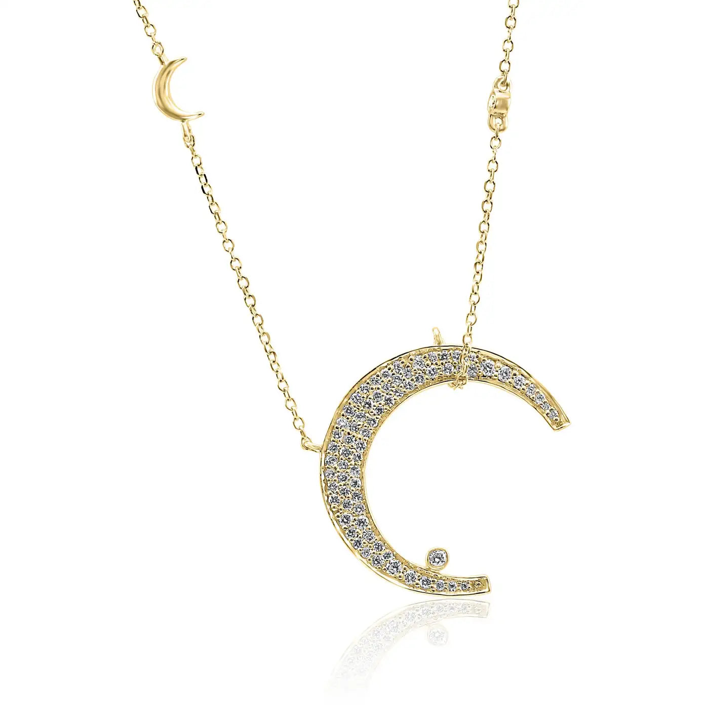 White Diamond Round 14K Gold Crescent Drop Pendent Chain Necklace