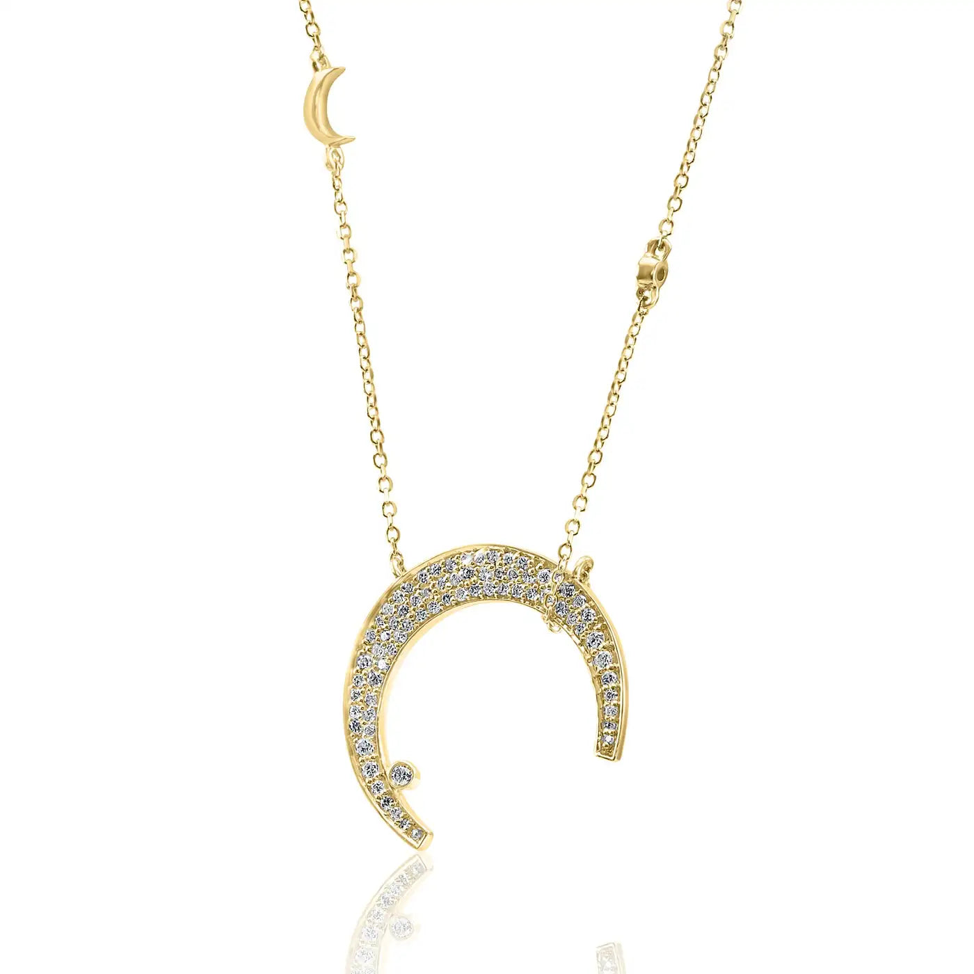 White Diamond Round 14K Gold Crescent Drop Pendent Chain Necklace