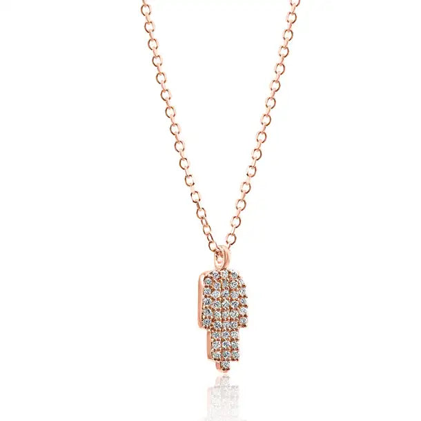 14K Rose Gold "Hamsa" Drop Pendent Chain Fashion Necklace White  Round Diamonds