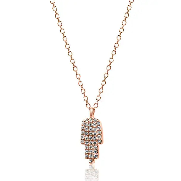 14K Rose Gold "Hamsa" Drop Pendent Chain Fashion Necklace White  Round Diamonds