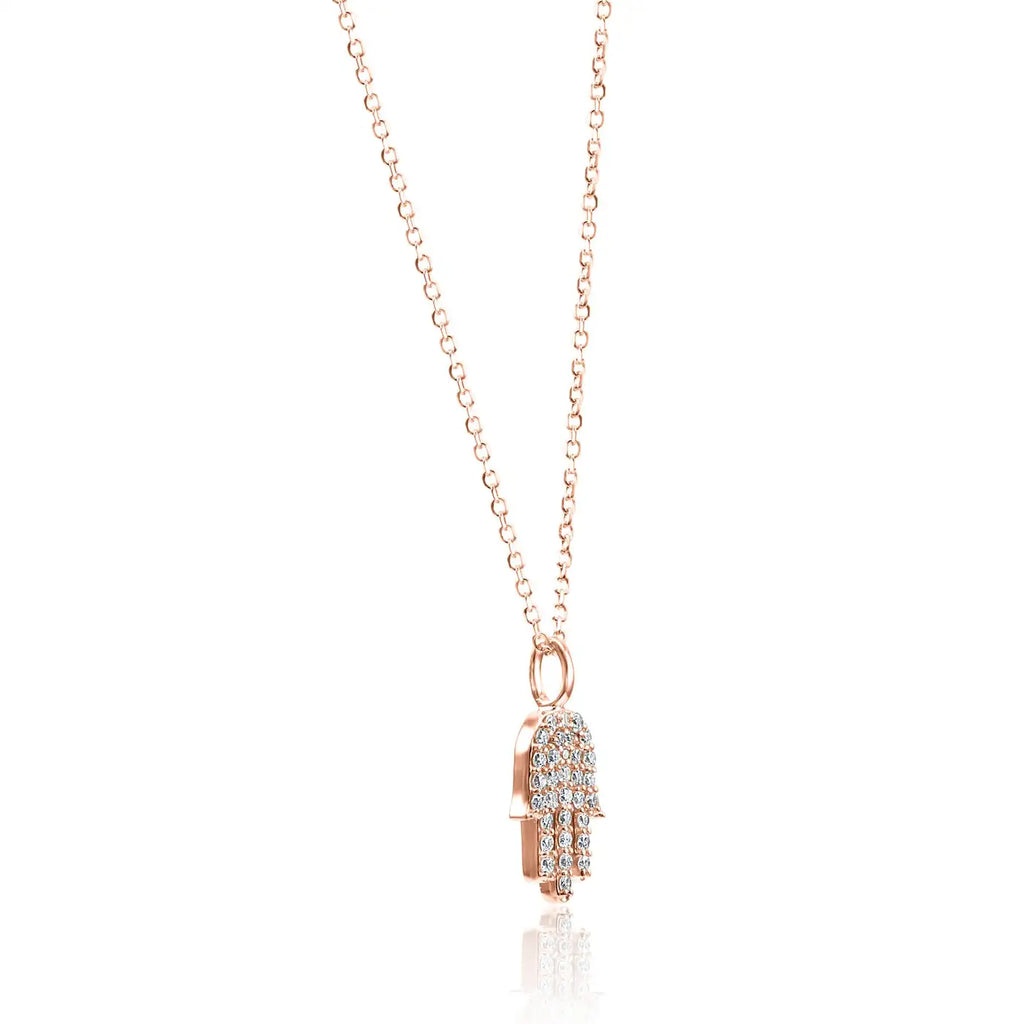 Collar con colgante de cadena con forma de hamsa en oro de 14 quilates y diamantes redondos blancos