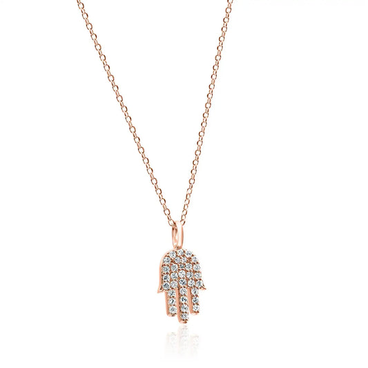 14K Gold "Hamsa" Drop Pendent Chain Necklace With White Round Diamonds