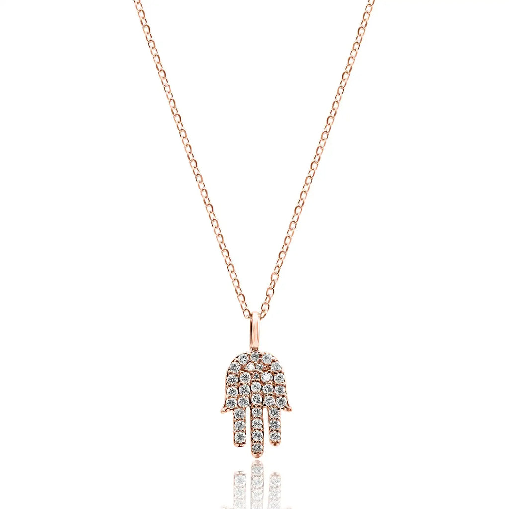 Collar con colgante de cadena con forma de hamsa en oro de 14 quilates y diamantes redondos blancos