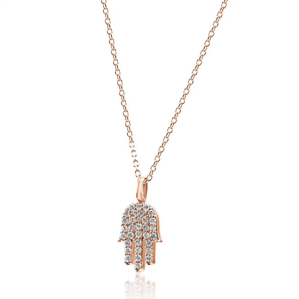 Collar con colgante de cadena con forma de hamsa en oro de 14 quilates y diamantes redondos blancos