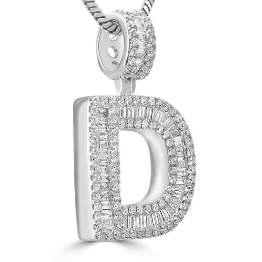 Pendant Letter "D"  Baguette & Round White Diamonds 14K White Gold