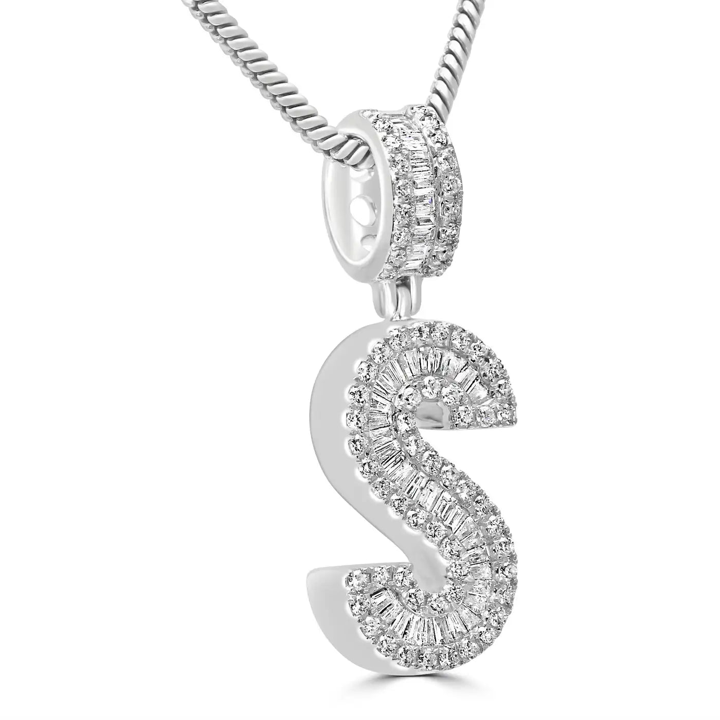 Pendant Letter "S"  Baguette & Round Diamonds 18K White Gold.