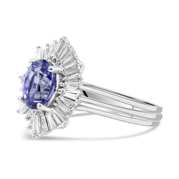 Ceylon Sapphire Oval Diamond Baguette Art Deco Bridal 18K Gold Ring