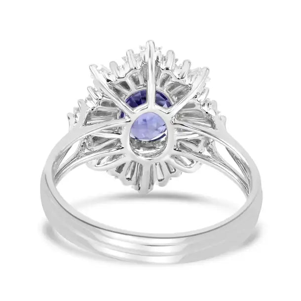 Anillo nupcial Art Decó de oro de 18 quilates con diamantes ovalados y zafiro de Ceilán