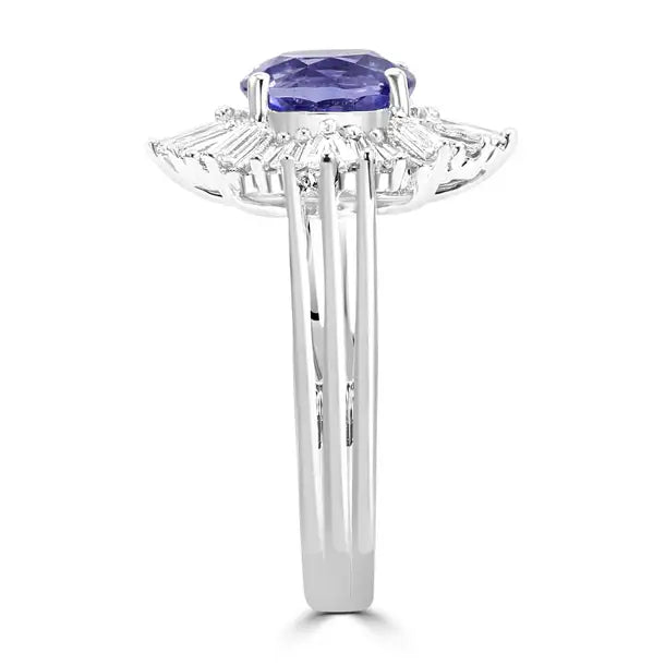 Anillo nupcial Art Decó de oro de 18 quilates con diamantes ovalados y zafiro de Ceilán