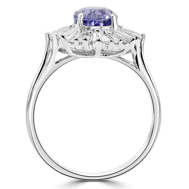 Anillo nupcial Art Decó de oro de 18 quilates con diamantes ovalados y zafiro de Ceilán