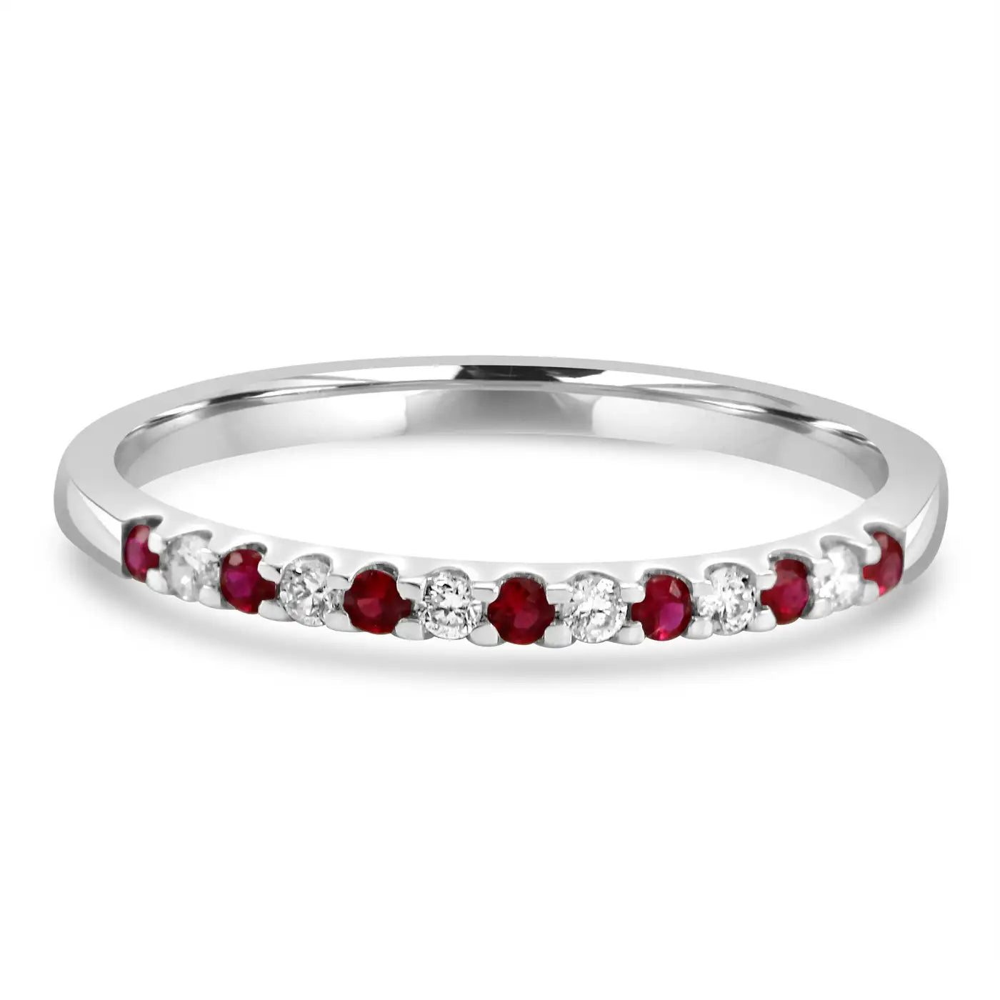 Ruby And White Diamond Round In 18K Gold, 13 Stone Engagement Band Ring