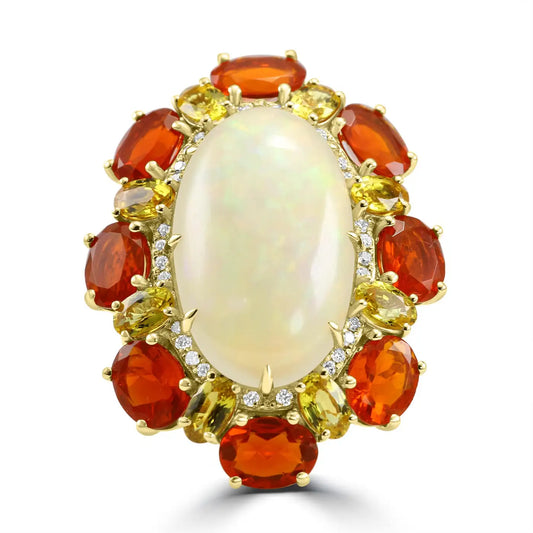 Oval Opal Mexican Fire Opal Sapphire Diamond Round 18K Gold Halo Ring