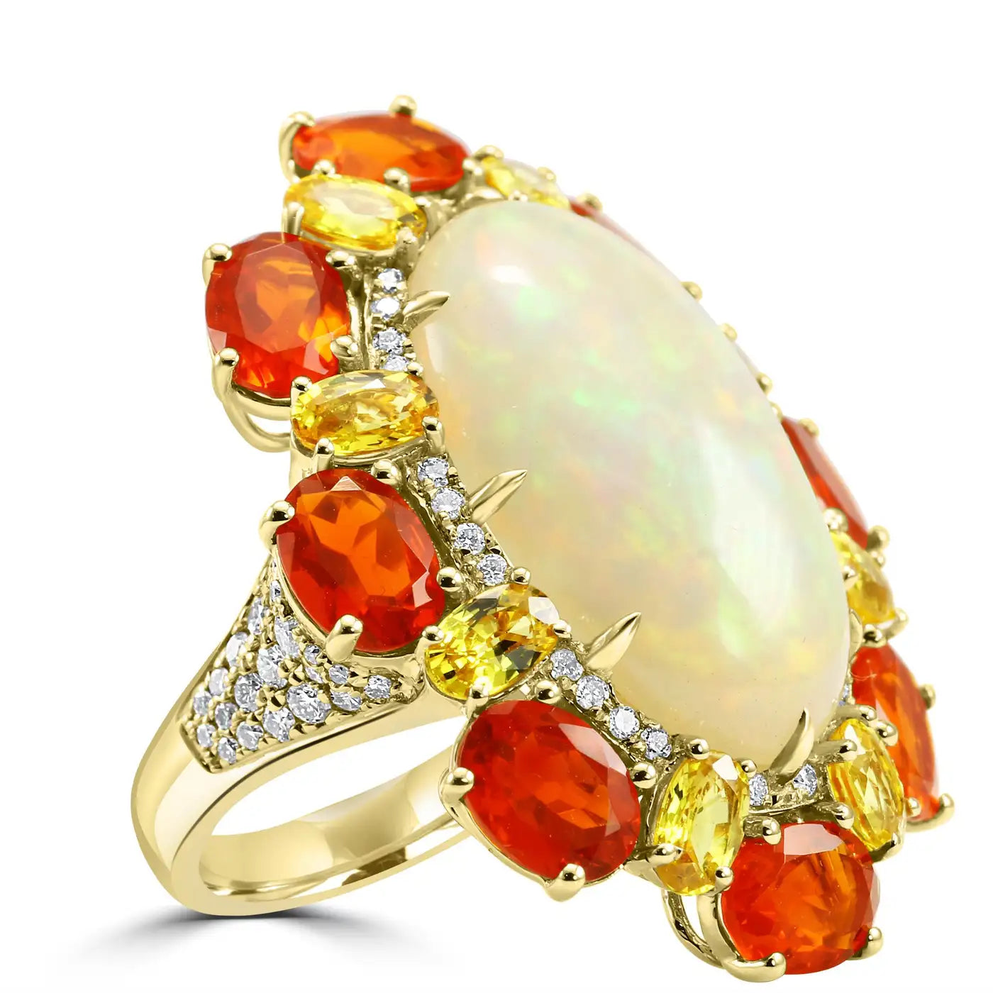 Anillo de oro de 18 quilates con halo de diamantes, zafiro y ópalo de fuego mexicano ovalado