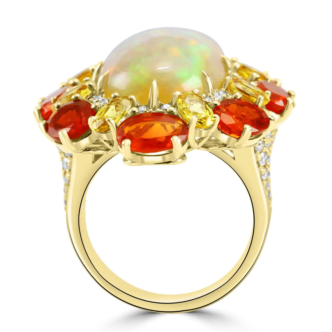 Anillo de oro de 18 quilates con halo de diamantes, zafiro y ópalo de fuego mexicano ovalado