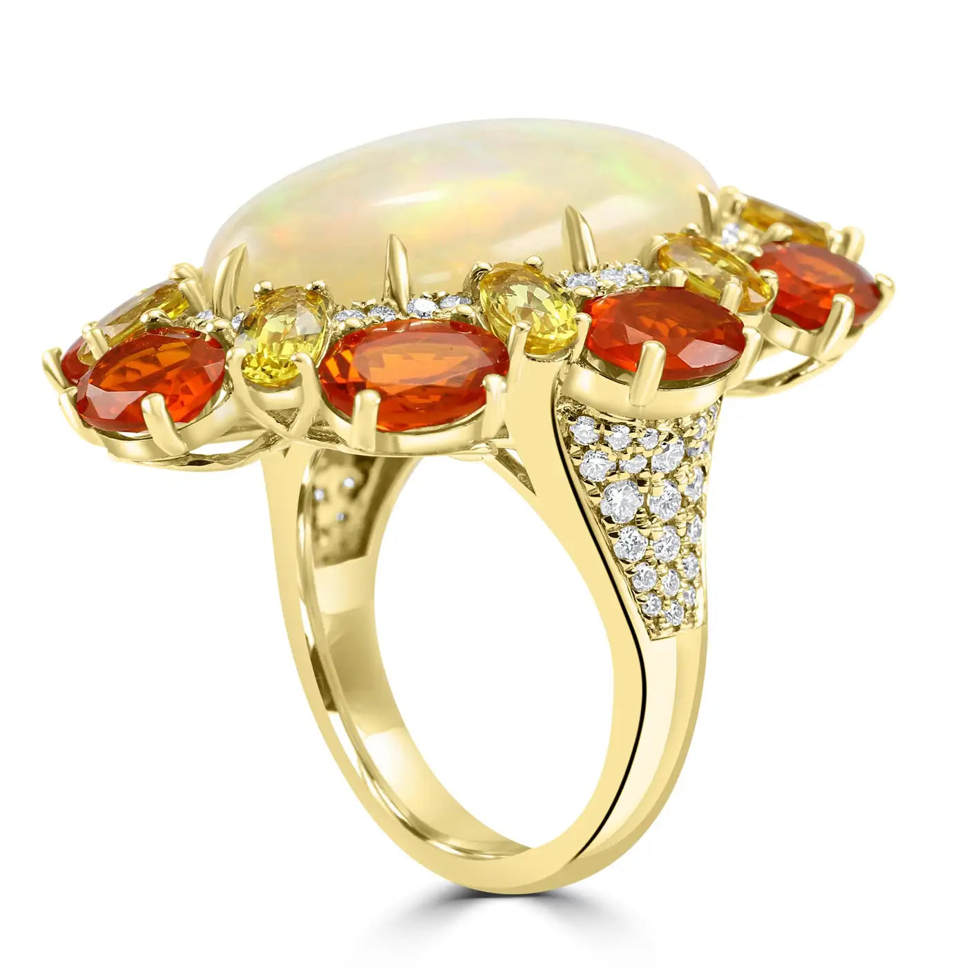 Anillo de oro de 18 quilates con halo de diamantes, zafiro y ópalo de fuego mexicano ovalado