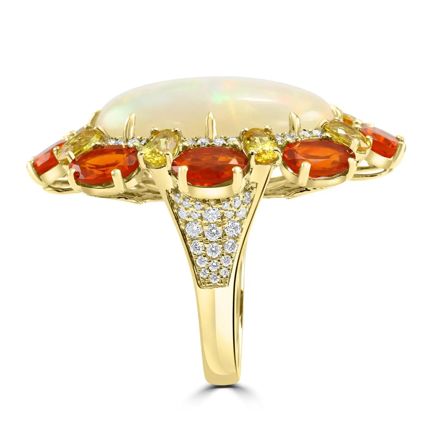 Anillo de oro de 18 quilates con halo de diamantes, zafiro y ópalo de fuego mexicano ovalado