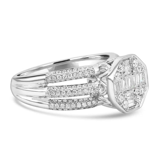 Engagement Ring With Baguette & Round Diamonds  14 Karat White Gold