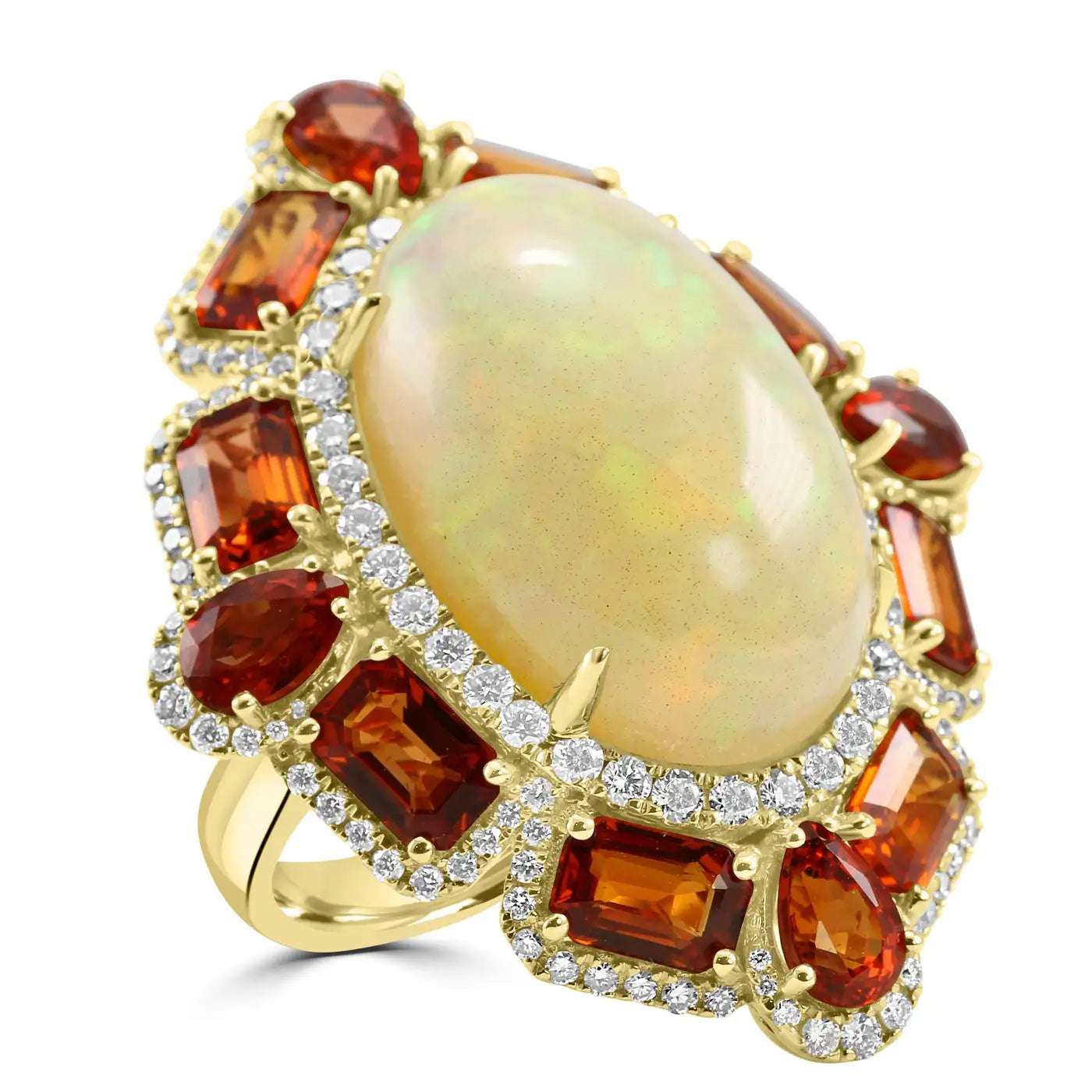 Anillo de cóctel de oro de 18 quilates con doble halo, zafiro y ópalo, diamante blanco redondo 