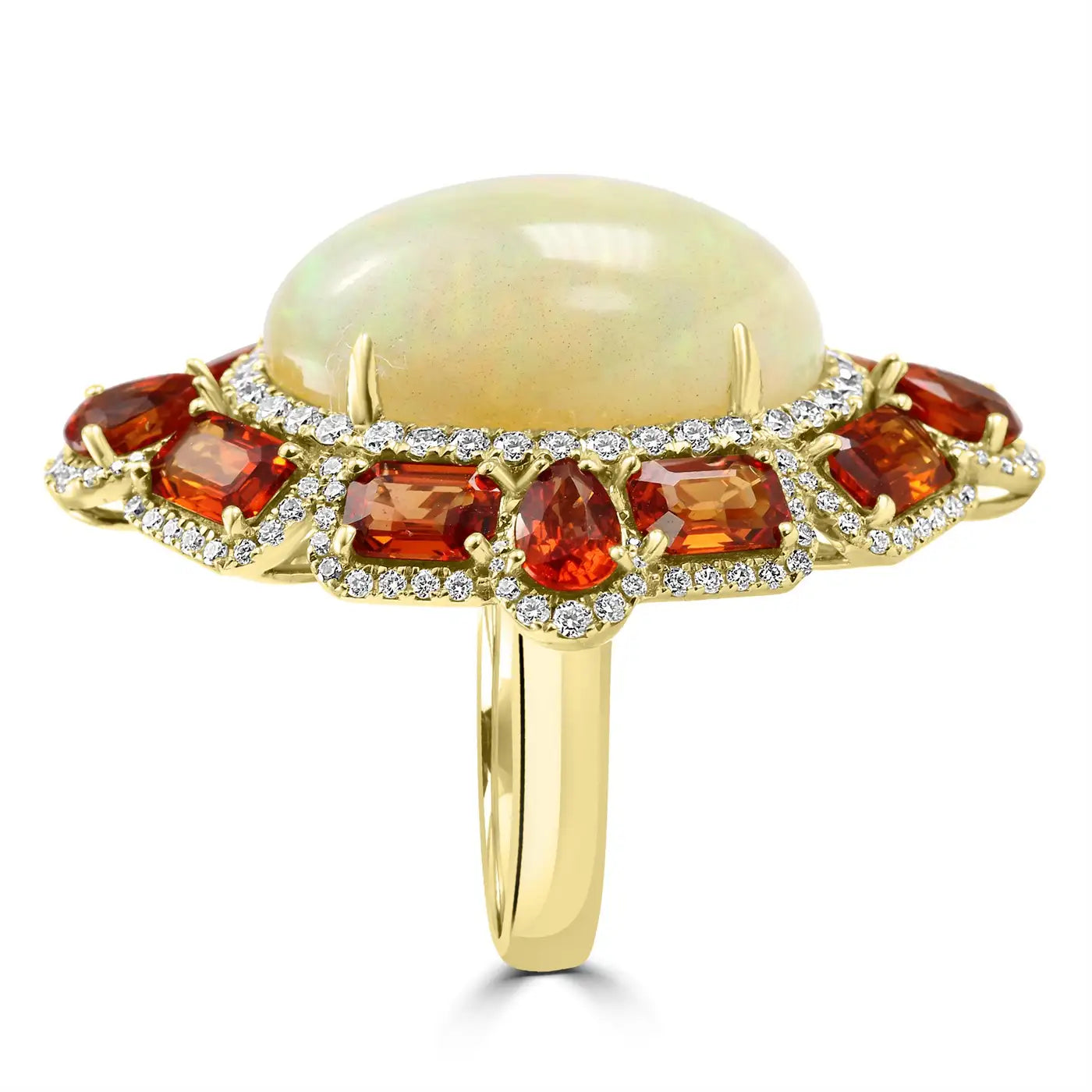 Double Halo 18K Gold Cocktail Ring Opal Sapphire White Diamond Round