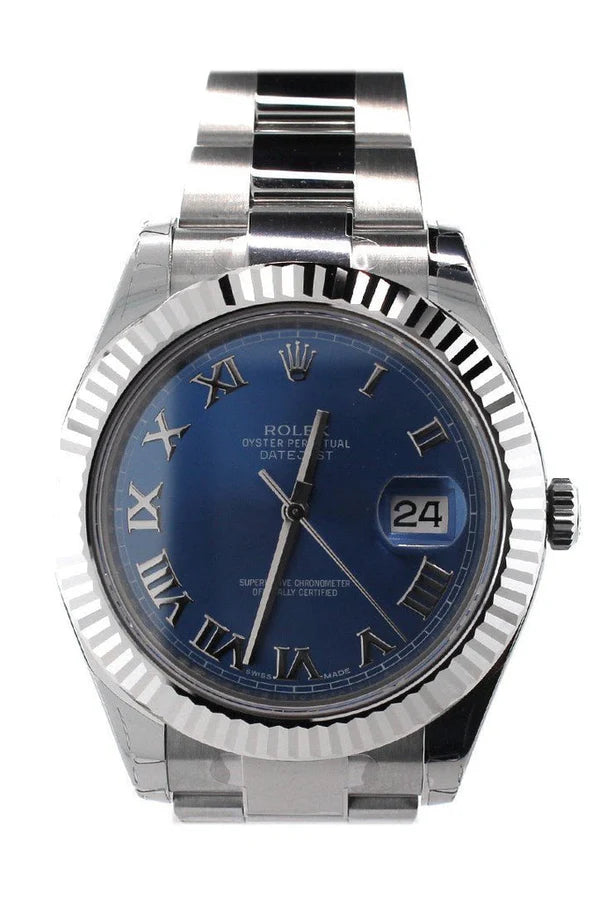 Rolex Datejust II 41 Blue Roman Dial 18kt White Gold Fluted Bezel Men's 116334