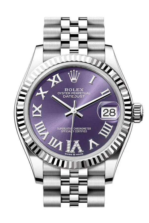 Rolex Datejust 31 Aubergine Dial Set Diamonds Roman Dial Fluted Bezel Jubilee Ladies Watch 278274