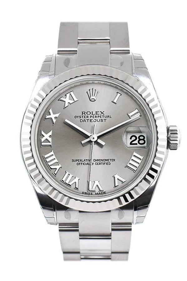 Rolex Datejust 31 Silver Roman Dial White Gold Fluted Bezel Ladies Watch 178274