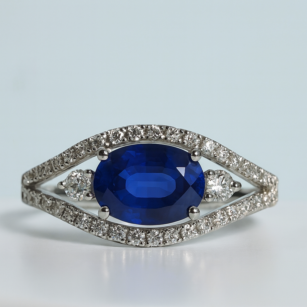 14kt Solid White Gold Blue Sapphire & Diamond Split Band Ring