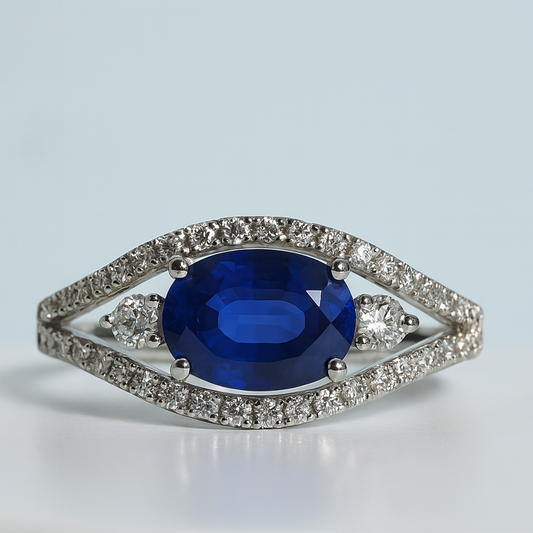 14kt Solid White Gold Blue Sapphire & Diamond Split Band Ring