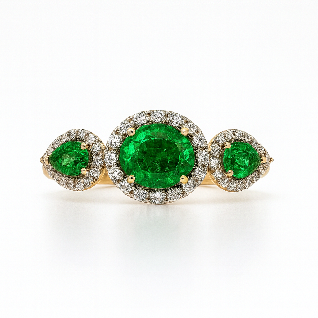 Trinity Emerald & Diamond Halo Ring – 14kt Solid Yellow Gold